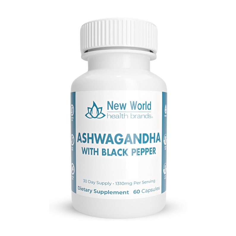 Puede incluir: Botella blanca con una etiqueta azul que dice "New World health brands." La etiqueta tambi&eacute;n dice "Ashwagandha with Black Pepper" y "30 Day Supply - 1310mg Per Serving Dietary Supplement 60 Capsules."
