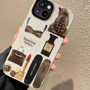 Funda de teléfono estética marrón Funda de teléfono con estampado de leopardo Funda de teléfono con tablero de estado de ánimo Funda de teléfono con collage Funda de teléfono con tablero de visión Saint Laurent City Girl