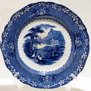 Two Antique English China Plates Staffordshire Blue Transferware Pattern 10&quot; Dinner Plates Hallmarked Jenny Lind Olde Hall Potteries