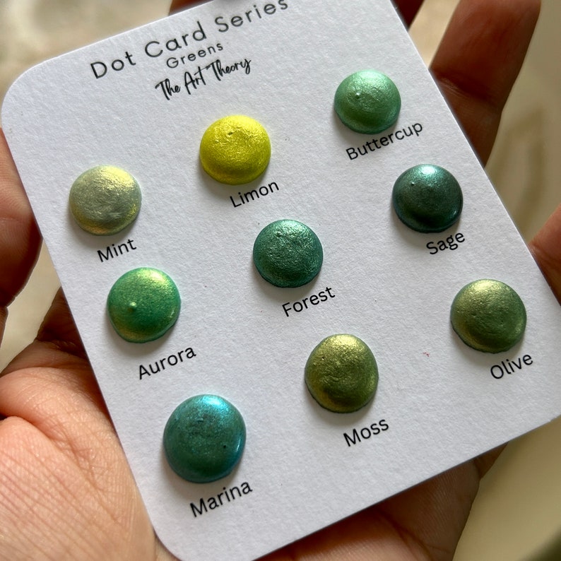 MICA DOTCARDS Handgemachte Aquarellfarben Glimmer Metallic Dot Cards Sample Sets Bester Künstler Geschenk insgesamt 45 Farbtöne zum Ausprobieren Greens