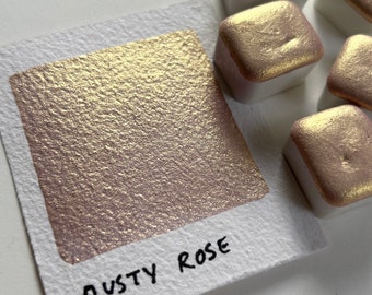 Dusty Rose metallic watercolor paint handmade gold pink watercolour shimmer metallic paint soft pink half pan mica aquarelle