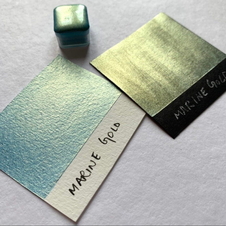 Marine Gold Dual tone Handmade Watercolor Blue and Gold tones Duo chrome metallic watercolor image 3