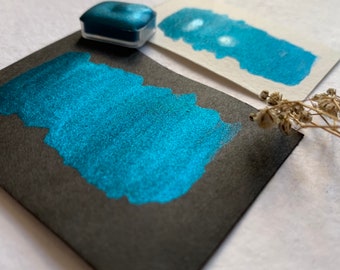LAGOON CHROME- Super Sparkle handmade watercolor | half Pan | Blue Teal Shimmer glitter watercolor | Intense shimmer paint