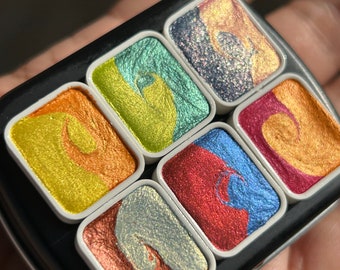 Swirly handgemachtes Aquarellfarben-Set mit schimmerndem Metallic-Aquarell für Künstler, Geschenk für Maler, handgemachte Geschenkidee für ihr Aquarell