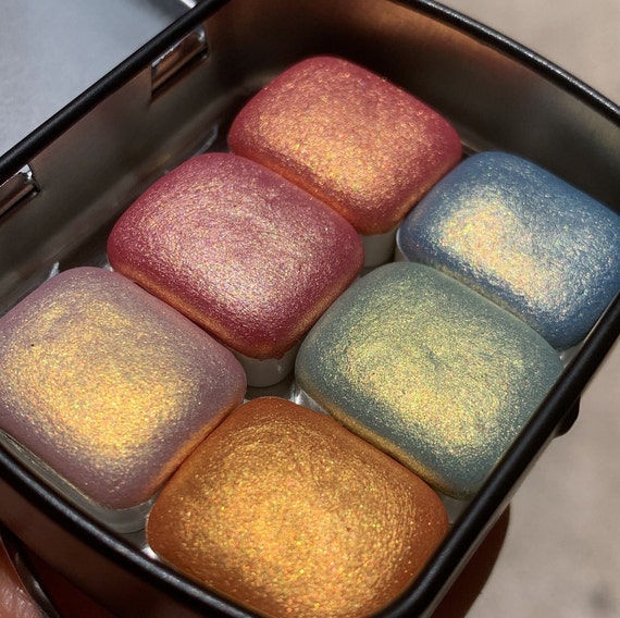 Rainbow Set dual tones Shimmer Watercolor Paint Palette, Metallic Paints