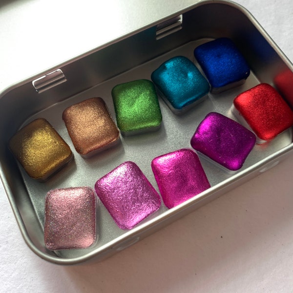 CHROME PALETTE Handmade Watercolors | Chrome half pans palette set of 10 | Shimmer glitter watercolor