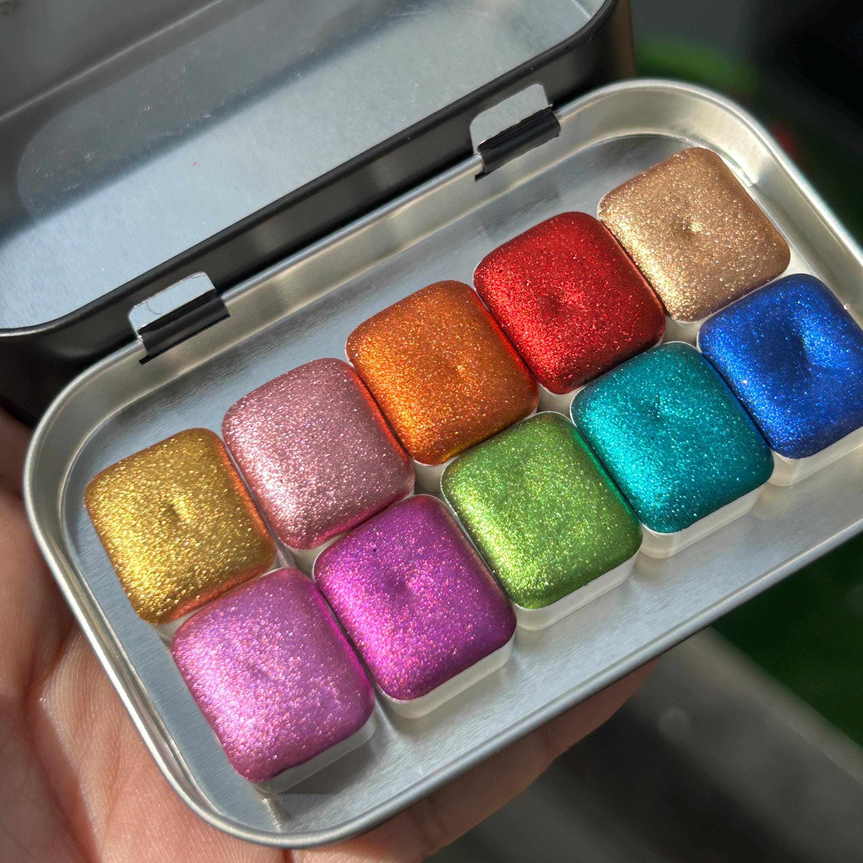 CHROME PALETTE Handmade Watercolors | Chrome half pans palette set of 10 | Shimmer glitter watercolor