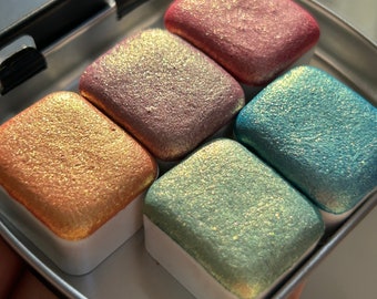 Spring Palette - handgemaakte glans mica aquarel metallic aquarelverf palet set van 5 halve pannen voor kunstenaars, kalligrafie, belettering