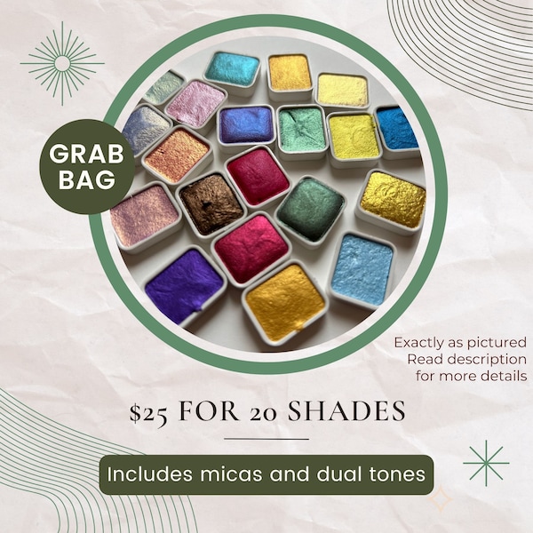 MICA GRAB BAG, handgefertigte Aquarell-Mischung aus 20 Näpfchen, Grab-Bag aus bestehender Kollektion für Künstler – hergestellt mit exquisiter indischer Handwerkskunst