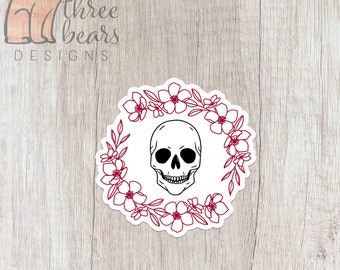 Skull Wreath Sticker, Spooky Season Vinyl Stickers, Halloween Decal, Skeleton Waterproof Sticker | INDOOR USE ONLY