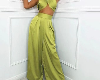 Womens Green Satin Wide Leg Pants Set L 