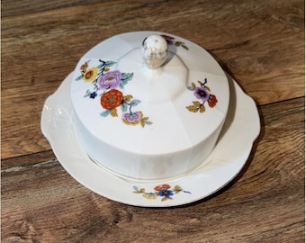 VTG Germany bloemenporseleinen botervloot met deksel – gouden rand – cottage-stijl