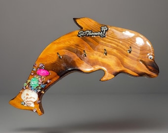 VTG Dolphin Seashell Wall Hanging Key Holder Vintage Wood St.Thomas House Plaque