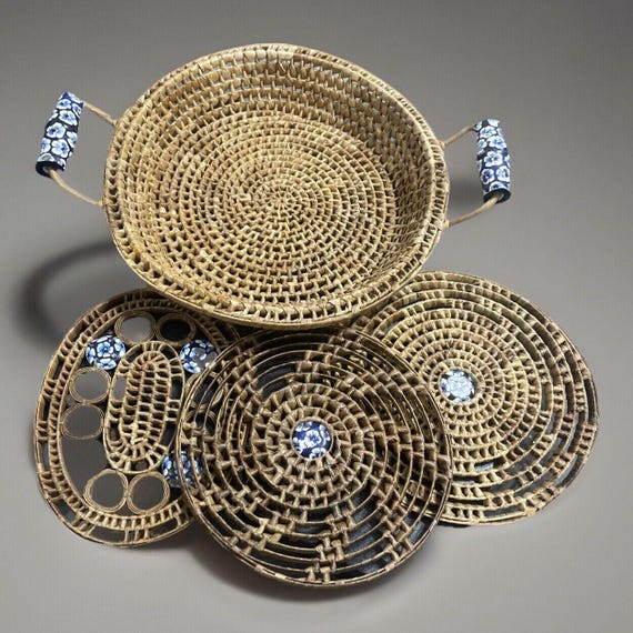 Lot De 3 Dessous De Plat Anciens En Osier Vintage - Beige, Tressage Naturel