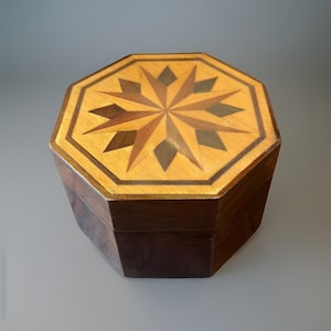 Vtg 80s Octagonal Inlaid Marquetry Wooden Trinket Jewelry Box Hinged Velour