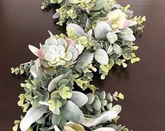 Lambs Ear Succulents Garland, Mantle Decoration, Wedding Decor, Farmhouse Mantle Garland, Lambs Ear Eucalyptus Succulent Table Centerpiece