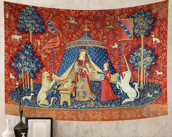 Tapisserie de licorne à accrocher au mur Tapisseries de la femme et de la licorne Décoration murale médiévale pour chambre à coucher, esthétique, maison, salon