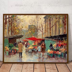 The Flower Market at la Madeleine Painting - Edouard Leon Cortes Art Print, Canvas Wall Art, City Print, Paris Street Scene Room Decor
