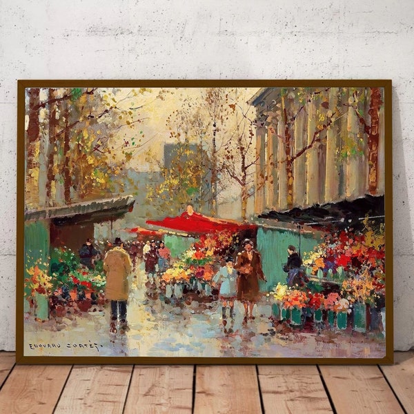 The Flower Market at la Madeleine Painting - Edouard Leon Cortes Art Print, Canvas Wall Art, City Print, Paris Street Scene Room Decor