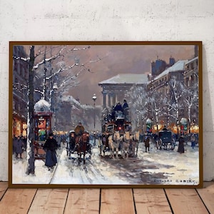 Paris Winter Street Scene Painting - Edouard Leon Cortes Art Print, Canvas Wall Art, City Print, Paris Street Scene Room Decor