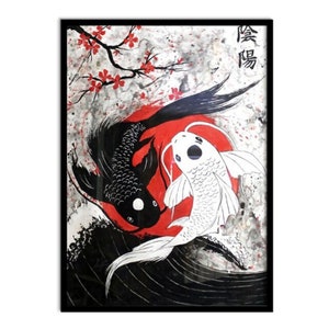 Koi Fish Poster High Quality Canvas, Japanese Art Yin Yang Japan Painting, Wall Decor Wall Art Posters Print