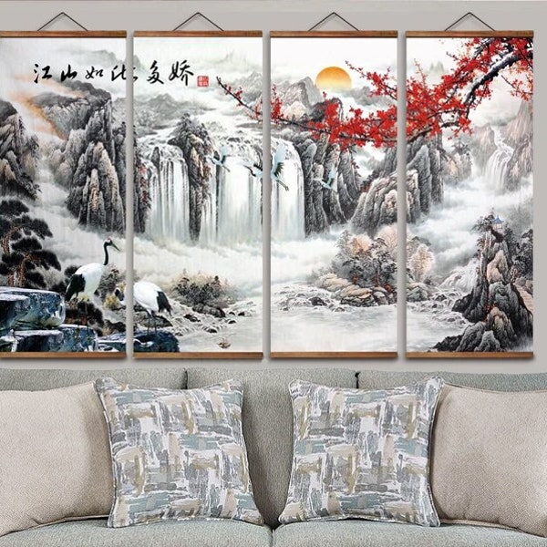 Waterfalls Painting, Wall Art, Wall Decor, Asian Wall Scroll Decoration with Frame Canvas Poster Print, Traditional Nature Landscape Art