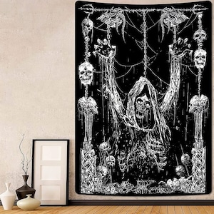 Gothic Tapestry Wall Art Skull Wall Tapestry Black and White Skeleton Wall Decor Goth Hanging Tapestries Wall Cloth Decor