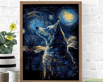 Wolf Starry Night Painting, Vincent Van Gogh's Art Style Canvas Print, Canvas Poster, Wall Art, Wall Decor, Wolves Lover Gift