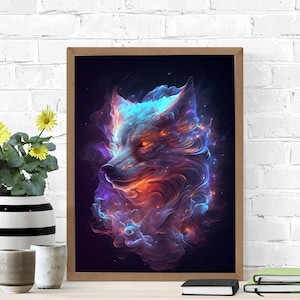 Fire Wolf Art Print, Wolf Wall Art, Wall Decor, Canvas Poster, Painting, Wolf Lover Gift