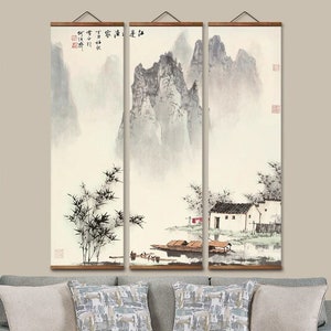 Japanese Wall Art Scroll Painting Set of 3, Kakemono Asian Scroll Art Nature Landscape Mountains, Lake Wall Decor Scrolls Oriental Hanging