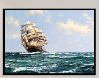 Clipper Ship on the High Seas Montague Dawson Célèbre peinture Impression d'art, Art mural sur toile, Décoration murale nautique, Poster