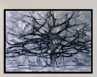 Abstract Art Piet Mondrian - Gray Tree Famous Painting Art Print, Canvas Wall Art, Modern Wall Decor