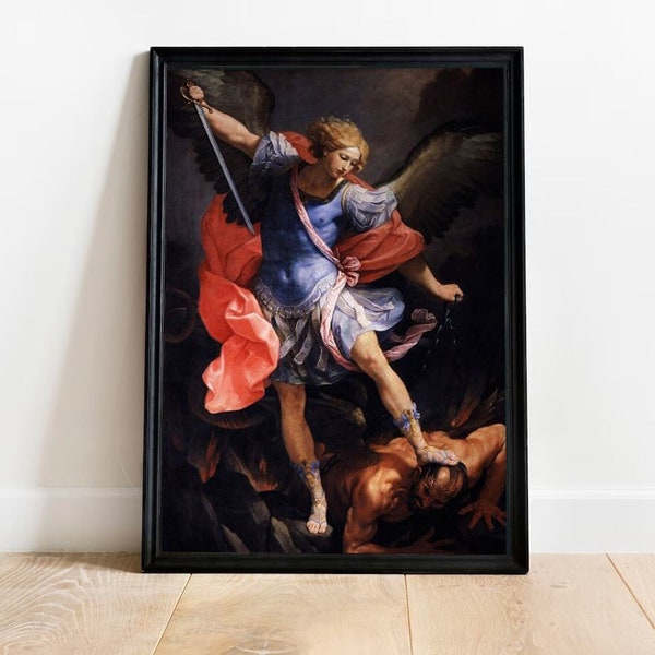 Archangel Michael Wall Decor, Guido Reni - Archangel Michael Tramples Satan Famous Painting, Canvas Art Print, Christian Wall Art