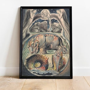 May include: A vintage illustration of a mythical creature with a large head and a long tail, surrounded by angels and stars. The creature is depicted in a dark, swirling background.