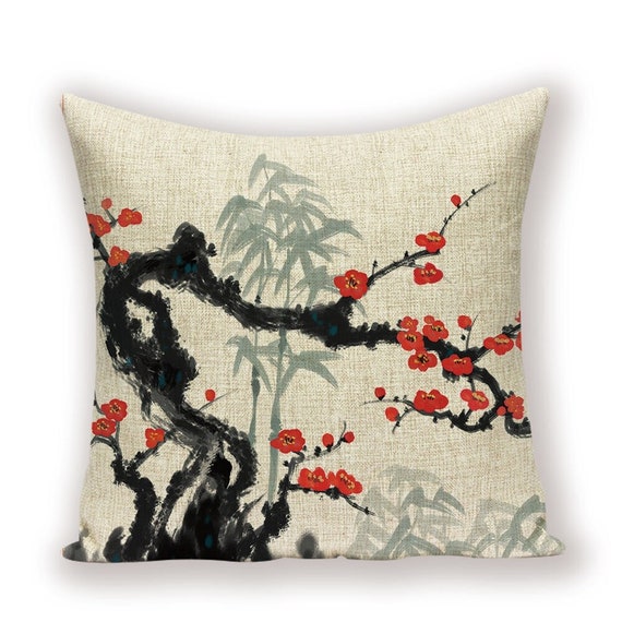 Japanese Pillow Cover Peach Blossom Bamboo Ink Painting Art Etsy