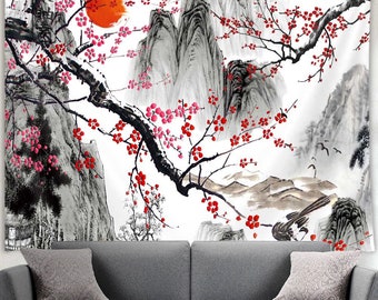 Japanese Tapestry Nature Landscape Wall Art Wall Decor Oriental Painting Sakura Cherry Blossom Hanging Tapestries Wall Cloth Decor