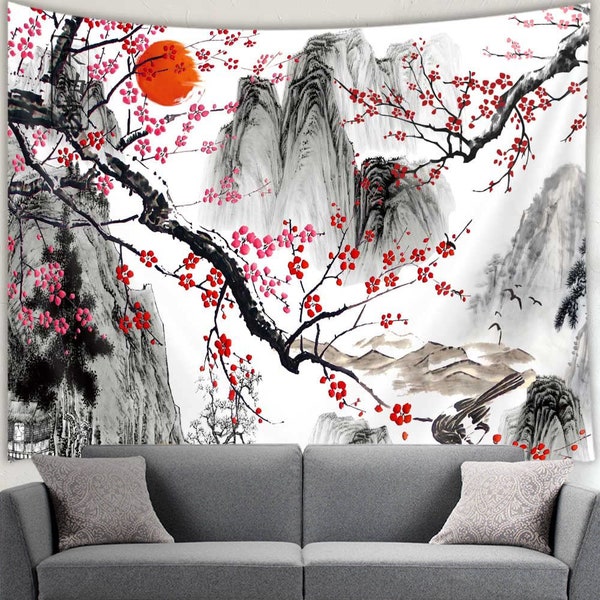 Japanese Tapestry Nature Landscape Wall Art Wall Decor Oriental Painting Sakura Cherry Blossom Hanging Tapestries Wall Cloth Decor