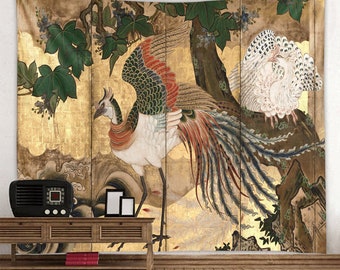 Retro Art Tapestry Chinese Feniksen Kano School Muur Hangende Wandtapijten Grote Oosterse Muur Decor voor Woonkamer, Slaapkamer, Slaapzaal