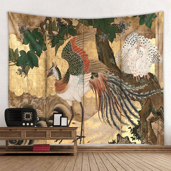 Retro Art Tapestry Chinese Phoenixes Kano School Wall Hanging Tapestries Large Oriental Wall Decor for Living Room, Bedroom, Dorm