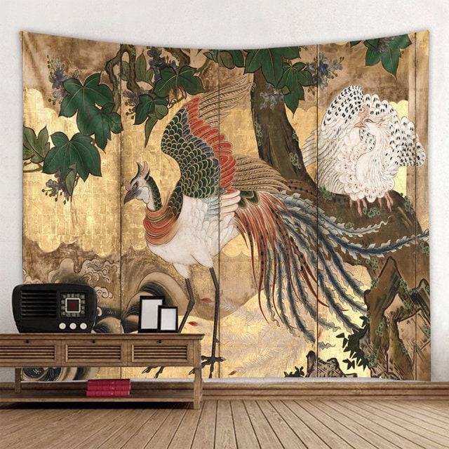 Retro Art Tapestry Chinese Phoenixes Kano School Wall Hanging Tapestries Large Oriental Wall Decor for Living Room Bedroom Dorm Etsy