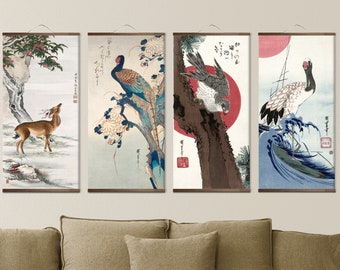 May include: Four Japanese-style scroll paintings depicting a deer, a peacock, a hawk, and a crane. The scrolls are mounted on wooden dowels and have a light brown background.