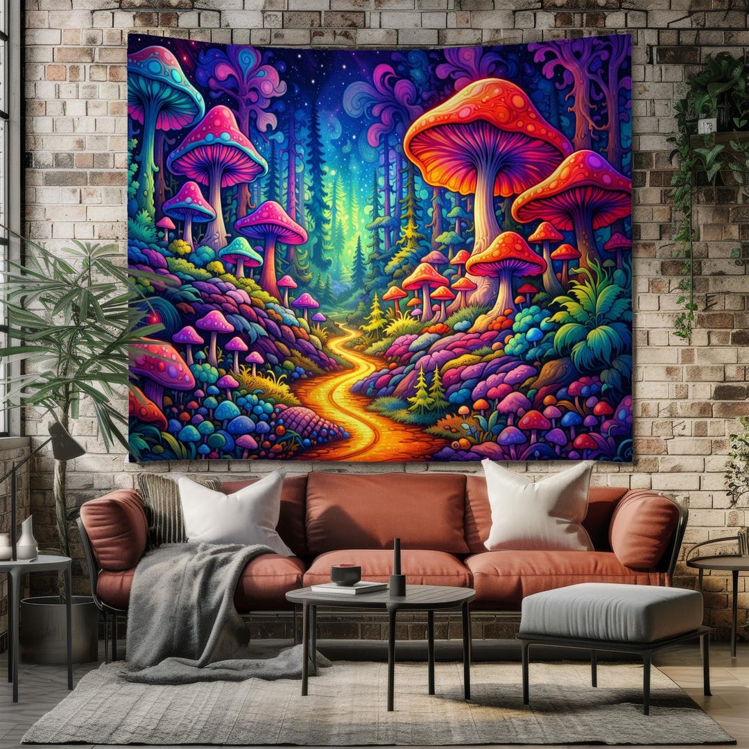 Psychedelic Mushroom Forest Tapestry Neon Fantasy Path Wall Hanging ...