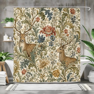 William Morris Deer Shower Curtain, Vintage Botanical Bathroom Decor, Woodland Bath Curtain, Cottagecore Bathroom, Arts and Crafts Floral