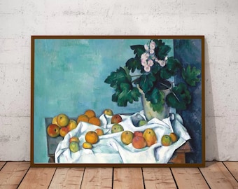 Paul Cezanne, Apples Primroses Painting, Impressionist Flower Print, Fruit Still Life, Kitchen Wall Art, Canvas Print