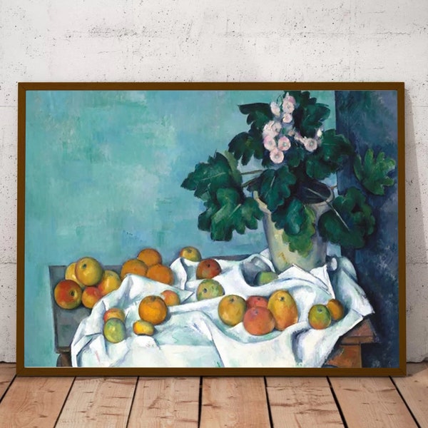 Paul Cezanne, Apples Primroses Painting, Impressionist Flower Print, Fruit Still Life, Kitchen Wall Art, Canvas Print