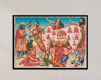Vishva Rajalakshmi Gomata Canvas Art - Sacred Hindu Cow and Deities Print