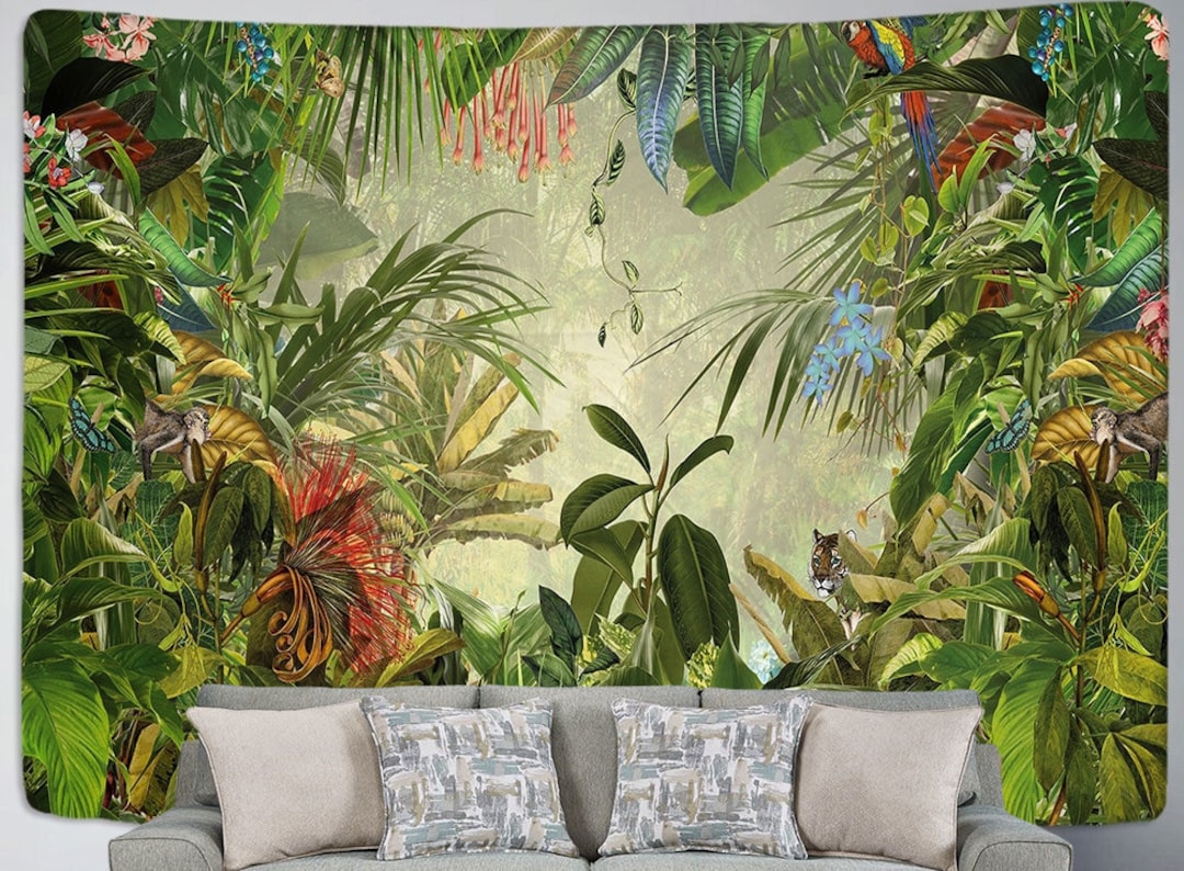 Tropical Tapestry Wall Hanging Plants Green Leaves Mural Jungle