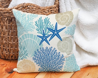 Coastal Starfish Pillow Cover, Nautical Shell Coral Cushion, Beach House Decor, Sea Life Ocean Pillow, Blue Summer Throw Pillow