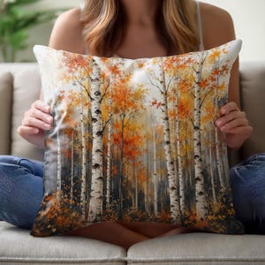 Autumn Birch Forest Pillow Cover, Fall Woodland Cushion, Orange Aspen Tree Throw Pillow, Rustic Nature Decor, Cozy Cabin Home Accent