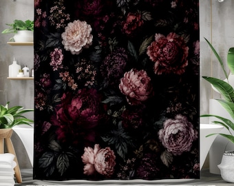 May include: A dark floral shower curtain featuring a pattern of large, blooming peonies and other flowers in shades of pink, burgundy, and cream against a black background. The curtain is hanging in a bathroom setting.